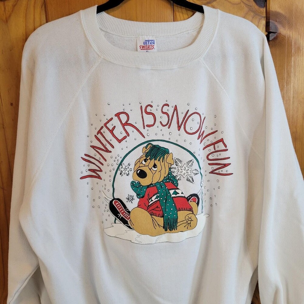 80s 1989 vintage puppy ice skating Winter is Snow Fun Sweatshirt Size L #xmas #p